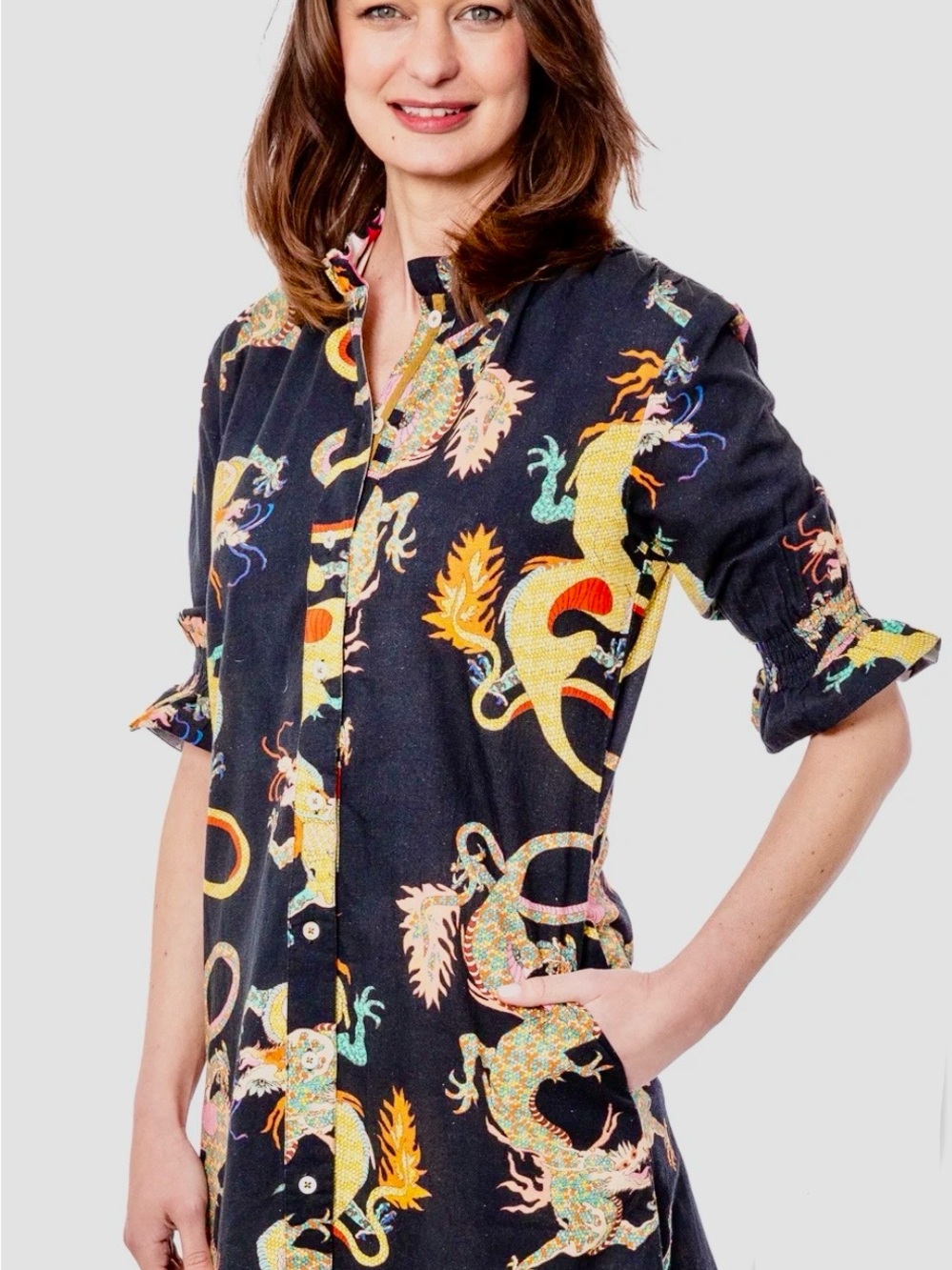 Black Dragon-Print Dizzy-Lizzy Tunic Dress